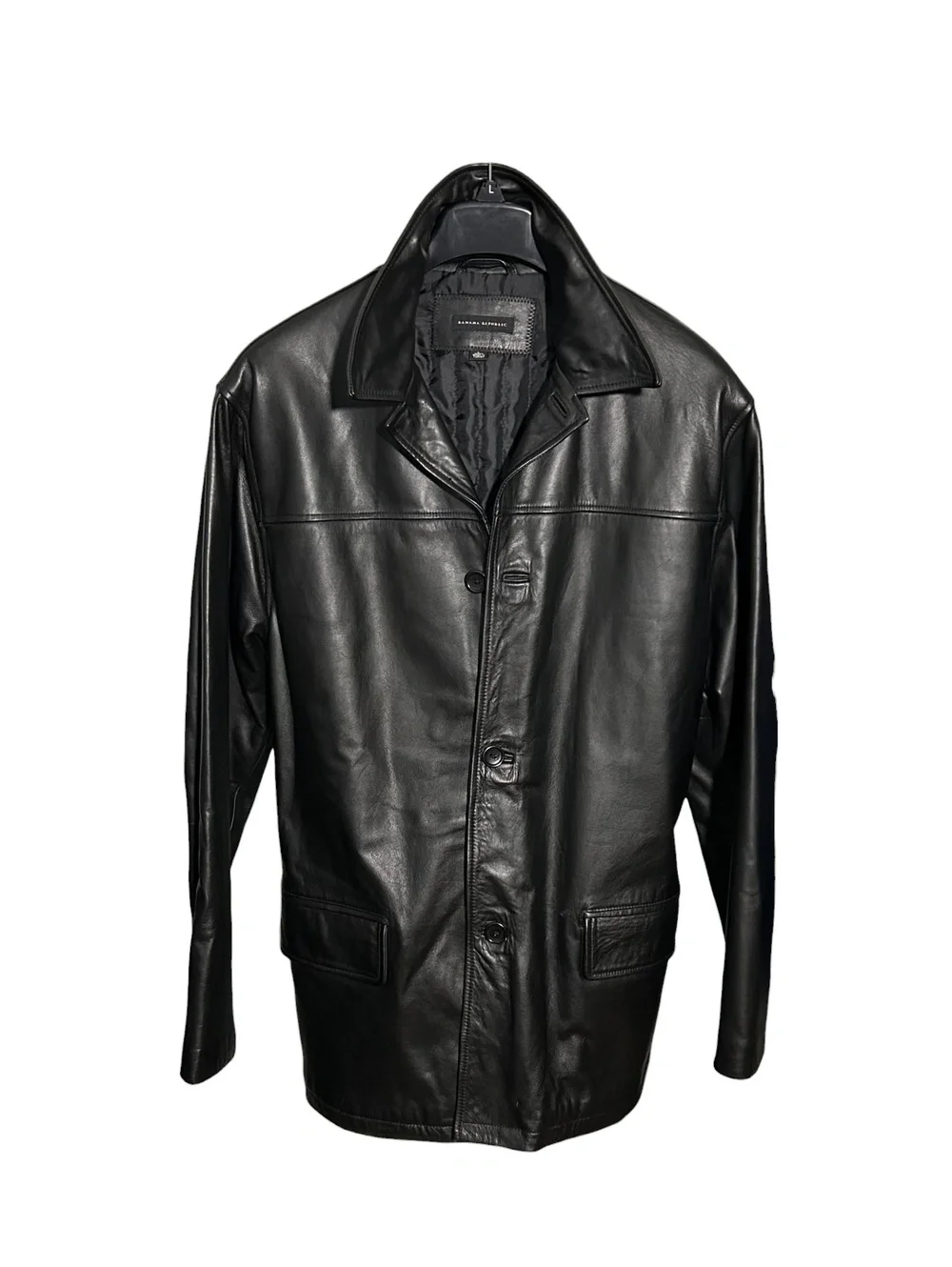 BANANA REPUBLIC Mens (L) Vintage Black 100% Leather Trench Coat Mid-Length Lined